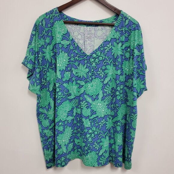 J Jill Womens Luxe Supima Pleat Back Tee Size 3X Blue Floral Everyday Modest - Picture 1 of 10